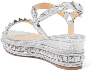 Christian Louboutin Pyraclou 60 Spiked Metallic Textured-leather Wedge Sandals - Silver