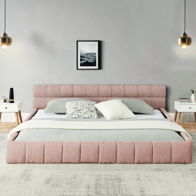 Latitude Run Pink Upholstered King Bed Frame, Platform With Thick Fabric, Headboard, Contemporary Bedroom Style