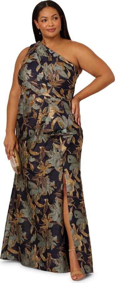 Adrianna Papell Plus Size Metallic Jacquard One-Shoulder Long Dress - Blue/Gold