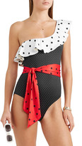 Thumbnail for your product : Ganni Prentis One-shoulder Ruffled Polka-dot Color-block Swimsuit