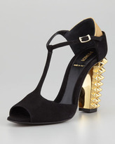 Thumbnail for your product : Fendi Polifonia Stud-Heel Suede T-Strap Pump, Black/Gold