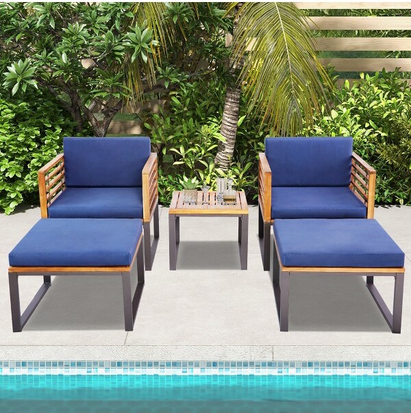 Costway Costway5pcsPatioAcaciaWoodCushionedChairOttomanTableFurnitureSetOutdoorNavy