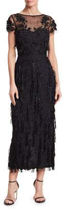 David Meister Short Sleeve Embroidered Tassel Lace Gown