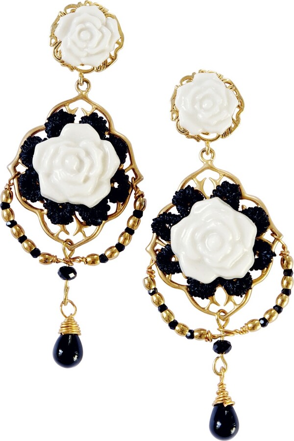Poporcelain Gold Classic Baroque Porcelain Rose Statement Earrings