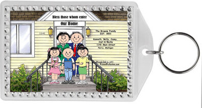 Printed Perfection Personalized Friendly Folks Family Home, Couple - One Boy, Two Girls Rhinestone Bordered Key Chain