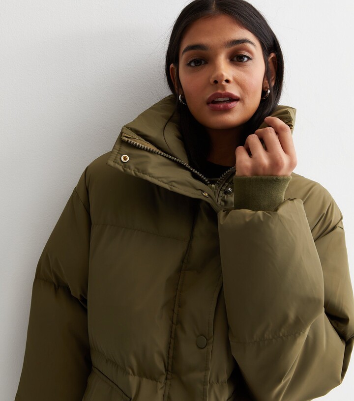Gini London Olive High Neck Long Puffer Coat ShopStyle