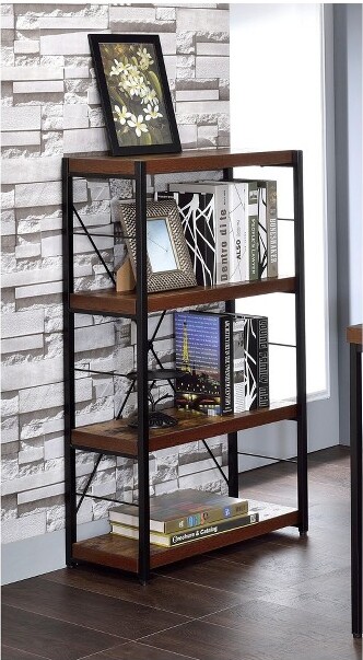 OkakIndustrialBookshelfwith4-TierDisplayCasewithSolidShelvesSmallBookshelfforLivingRoomBedroomOfficeOak