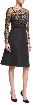 Pamella Roland Long-Sleeve Illusion Filigree-Embroidered Dress, Black