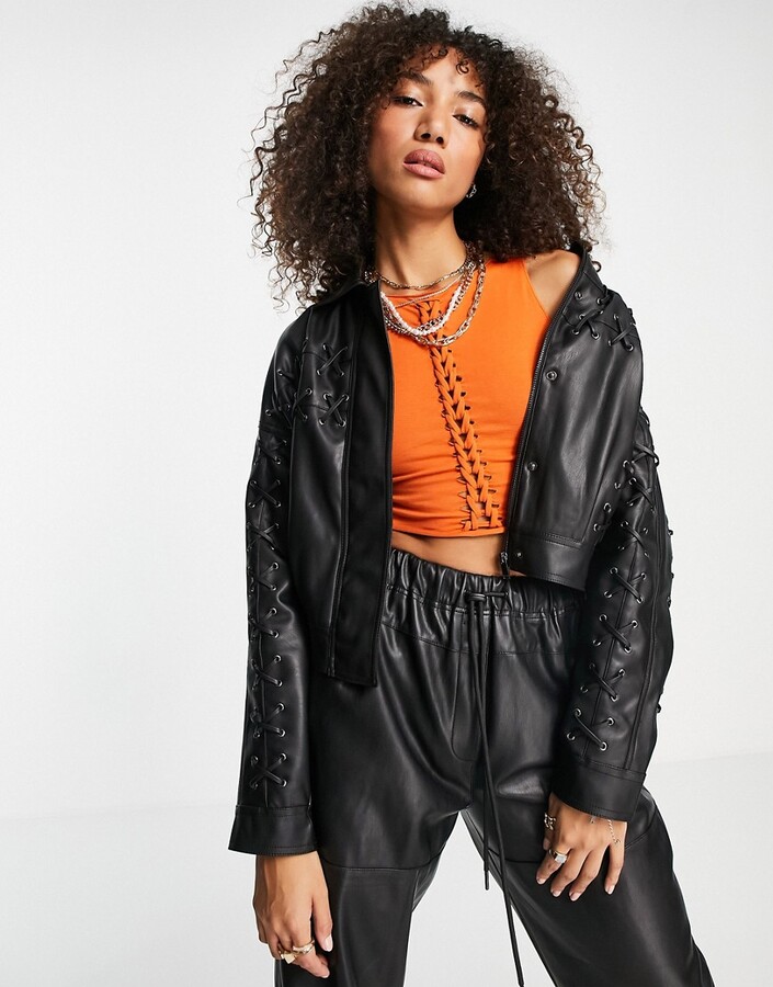 Topshop faux leather lace up detail jacket in black - ShopStyle