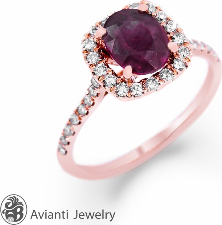 Etsy Oval Ruby Ring Single Halo Diamond, 14Kt Rose Gold