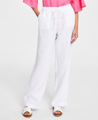 linen pants WHITE white linen drawstring wide-leg trousers - Shop
