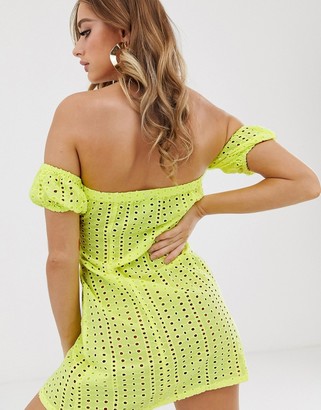 ASOS DESIGN neon yellow broderie off shoulder beach dress with lace up detail