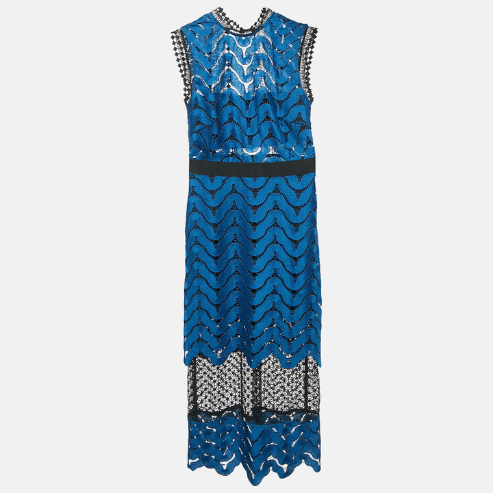 Self-Portrait Blue/Black Guipure Lace Paneled Midi Dress S