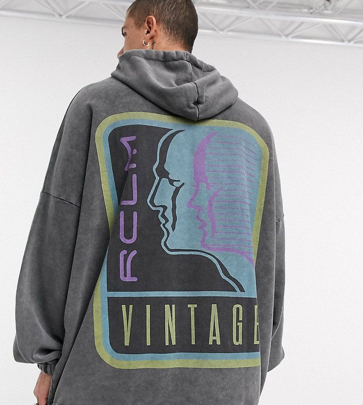 Reclaimed Vintage inspired hoodie with back face print in washed charcoal -  ShopStyle