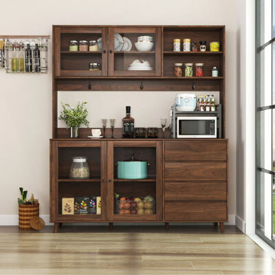 George Oliver Large Kitchen Hutch Cabinet Freestanding Pantry Cabinets Storage Kitchen Cupboard With 4 Doors 4 Drawers & Microwave Shelf