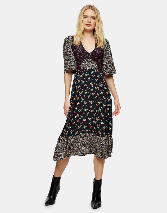 Topshop floral mixed print midi dress in multi - ShopStyle