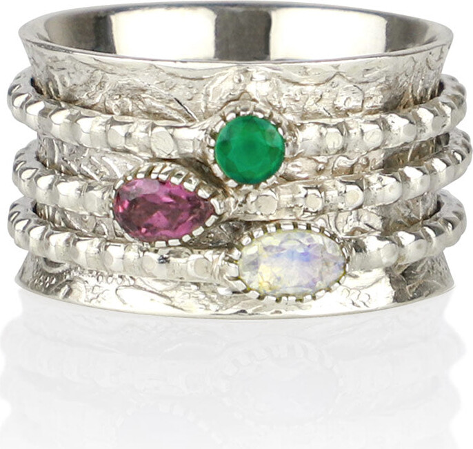 Charlotte's Web Jewellery Ananda Silver Spinning Ring - Green Onyx Moonstone And Rhodolite Garnet