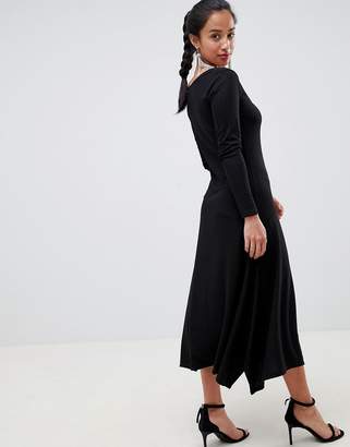 ASOS Petite DESIGN Petite scoop neck rib midi dress with asymmetric skirt-Black