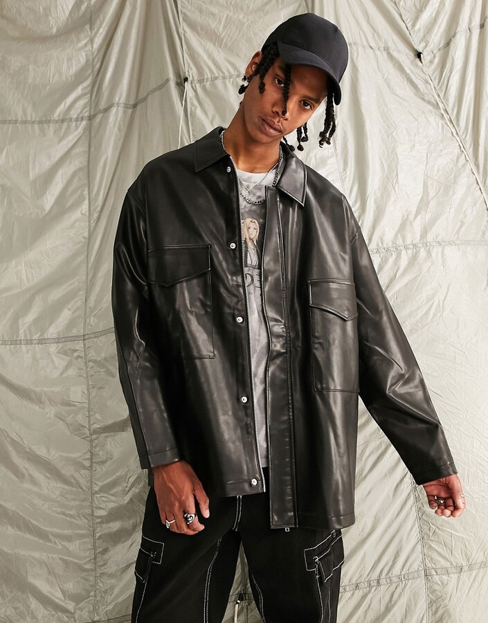 ASOS DESIGN oversized faux leather coach jacket in black - ShopStyle