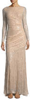 Carmen Marc Valvo Long-Sleeve Lace Sequin Evening Gown