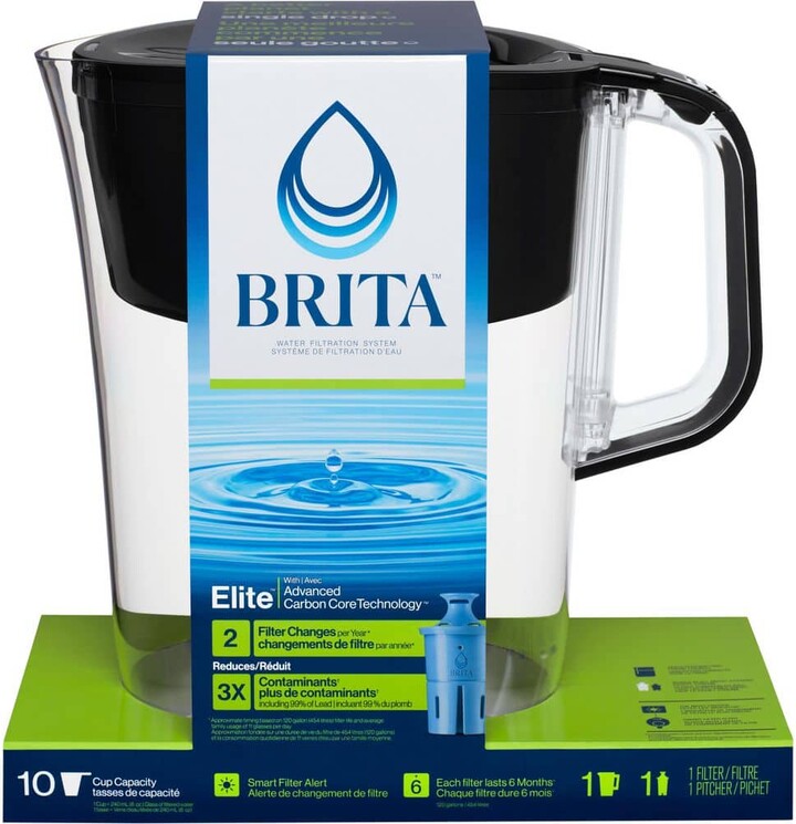Brita Tahoe 10-Cup Large Water Filter Pitcher in Black with 1-Elite Filter, BPA Free