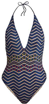 Missoni Mare - Glitter Striped Knit Halter Neck Swimsuit - Womens - Blue Multi