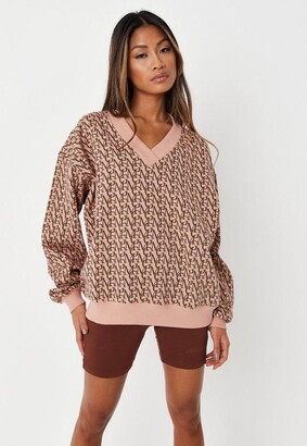 Missguided Petite Tan Repeat Print V Neck Sweatshirt