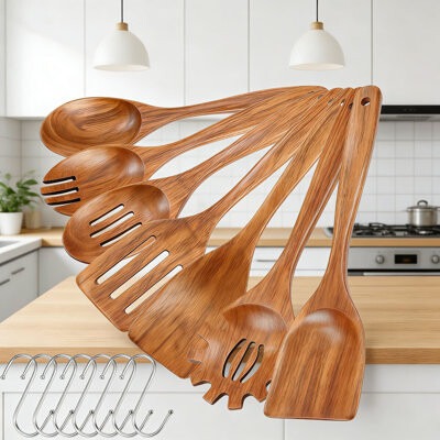 QIANXING 7-Piece Teak Wooden Utensil Set For Cooking Natural Wood Kitchen Tools With Long Comfort Grip Safe For Non-Stick Cookware Includes Spatula Spaghet