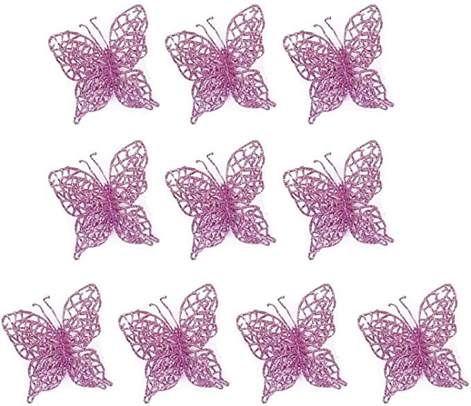 GREENSTORE 10Pcs Christmas Glitter Butterfly Ornament, DIY Craft Butterfly Christmas Tree Ornaments for New Year Party Wedding Bedroom Decor (Pink, 7 x 7cm)