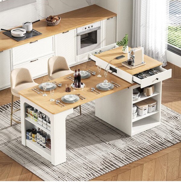 JVNOXKExtendableDiningTableKitchenIslandwith2StorageDrawersPowerOutletandSide-OpeningShelfforKitchenDiningAreaWhite