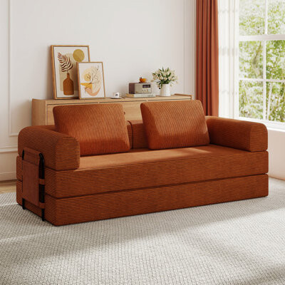 Latitude Run Corduroy Convertible Folding Sofa Bed with Cylindrical Pillow – Fixed-Frame Sleeper Couch for Living Room Bedroom and Studio