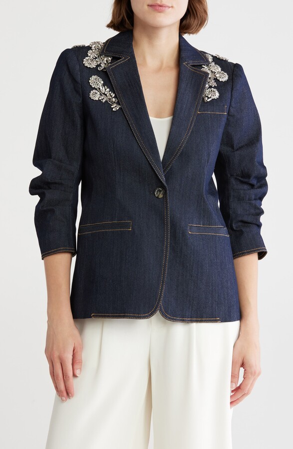 Cinq à Sept Khloe Crystal Chrysanthemum Denim Blazer