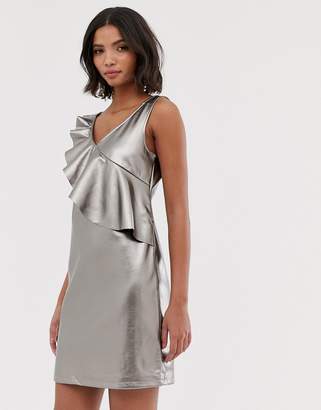 Vila metallic mini shift dress in grey with frill detail