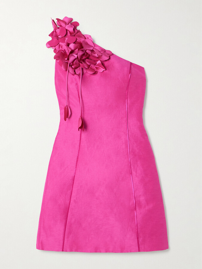 Aje Camille One-shoulder Appliquéd Satin-trimmed Linen-blend Mini Dress - Pink
