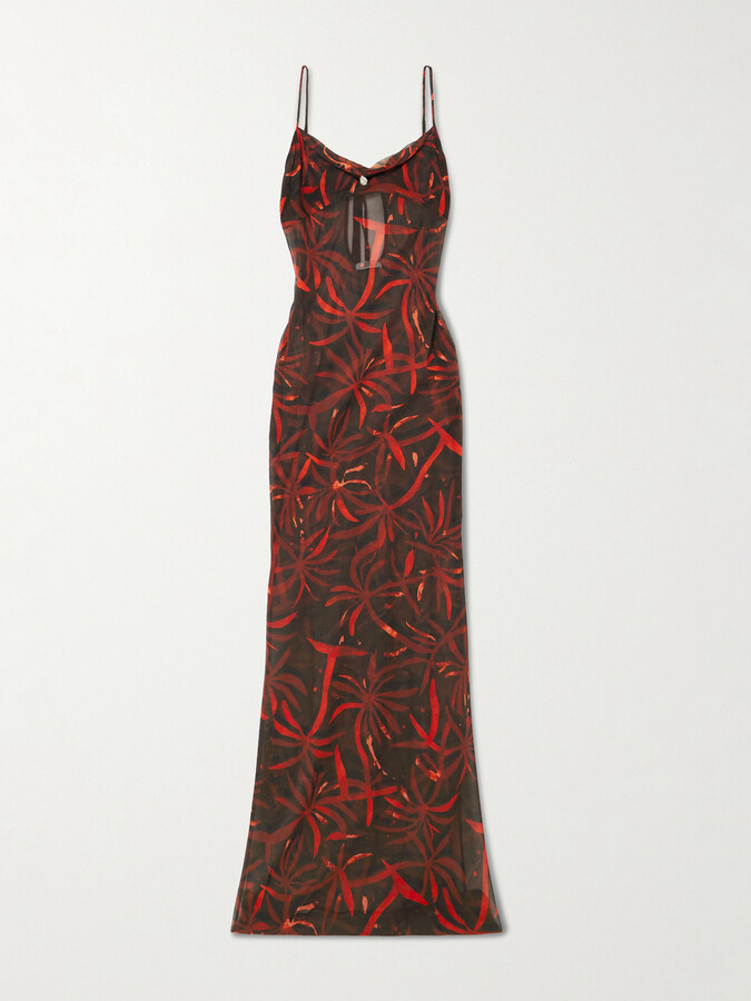 Sara Cristina Palm Pearl-embellished Recycled Silk-georgette Coverup - Red