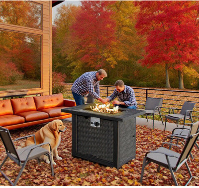 Latitude Run Outdoor Propane Gas Fire Pit Table Auto-Ignition Square Wicker-Effect Gas Firepit With Ceramic Tabletop