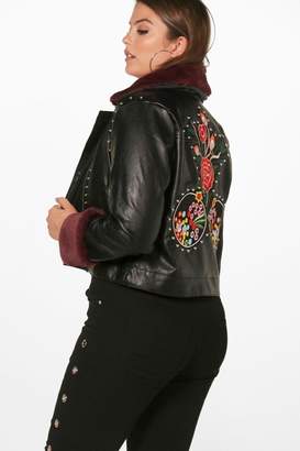 boohoo Plus Embroidered Biker With Faux Fur Trim