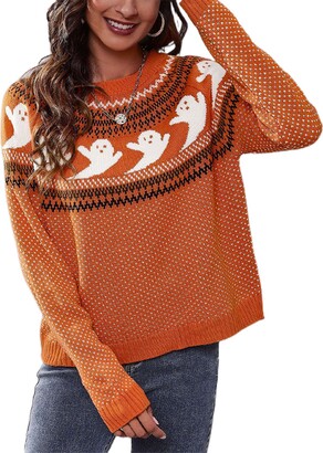 OSNCG Ladies Halloween Sweater Pullover Knitwear Work Jumper Tops Winter  Warm Crew Neck Loose Vintage Knitted Sweaters Orange M - ShopStyle