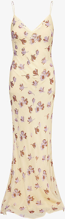 Self-Portrait Womens Yellow Floral Rhinestone Chiffon Maxi Dress 8