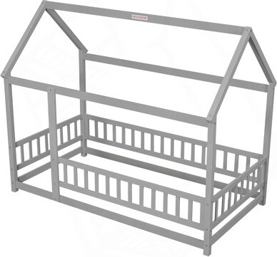Harper Orchard Floor Wooden Bed with House Roof Frame, Fence Guardrails