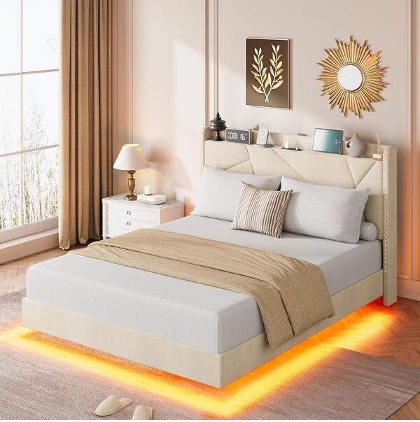 SunnyFurn CopperNailFloatingBedMDFMaterialQueenSizeBeigeforMasterBedroom