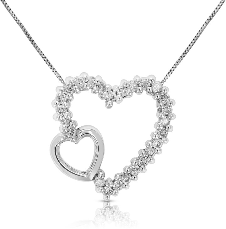 HN Jewels 14K White Gold Plated 0.5 Cts D/VVS1 Diamond Tilted Double Heart Pendant W/18 Chain