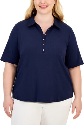 Karen Scott Plus Size Cotton Polo-Collar Short-Sleeve Top, Created for Macy's