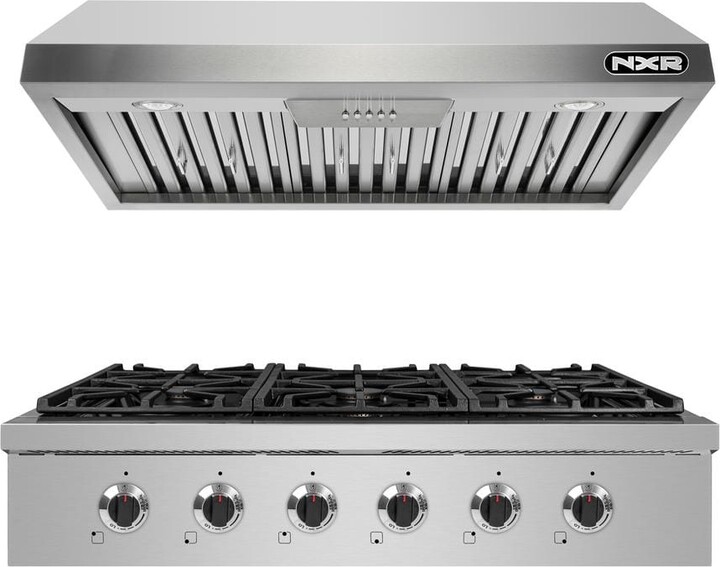 NXR Entree Bundle 36 in. Professional Style Gas Cooktop with 6 Burners and Range Hood in Stainless Steel and Black