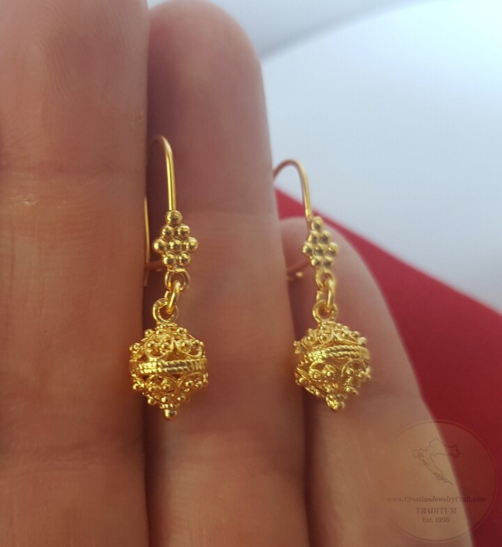 Etsy 14K Gold Earrings Traditional Croatian Filigree Hook 14 K Dubrovnik Ball Ethnic Wedding Jewelry