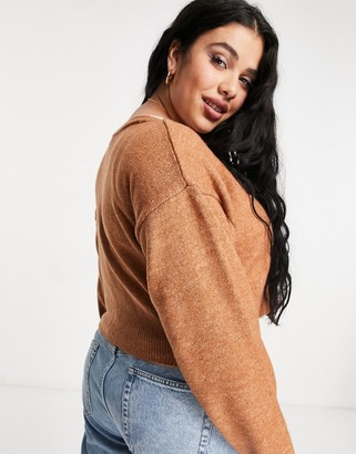 Collusion Plus exclusive off-shoulder zip front cardigan in brown