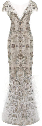 Marchesa Ostrich Feather Embroidered V-Neck Column Gown