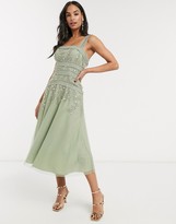 asos design midi dress with pinny bodice in 3d floral embellishment