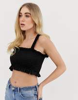 Thumbnail for your product : PrettyLittleThing basic shirred square neck crop top with ruffle trim in black