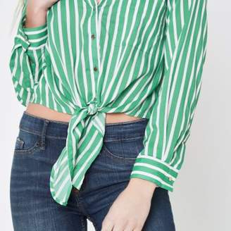 River Island Womens Petite green stripe knot front cropped shirt